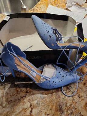 Christian Siriano Light Blue Suede Lace-Up Pointed Toe Heels With Cutout Design